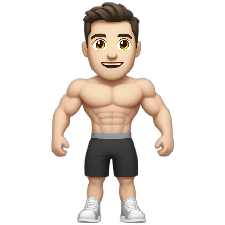 Surprised Pale skinned Fit Man With the biceps and dark brown hair in black shirt, gray sports shorts and white Sneakers emoji