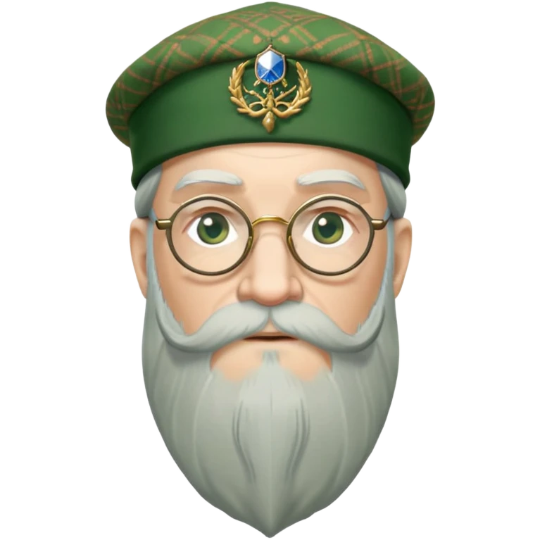 Dumbledore wear green scotland Tam o'shanter cap with decorative patterns, wear glasses, very long beard emoji
