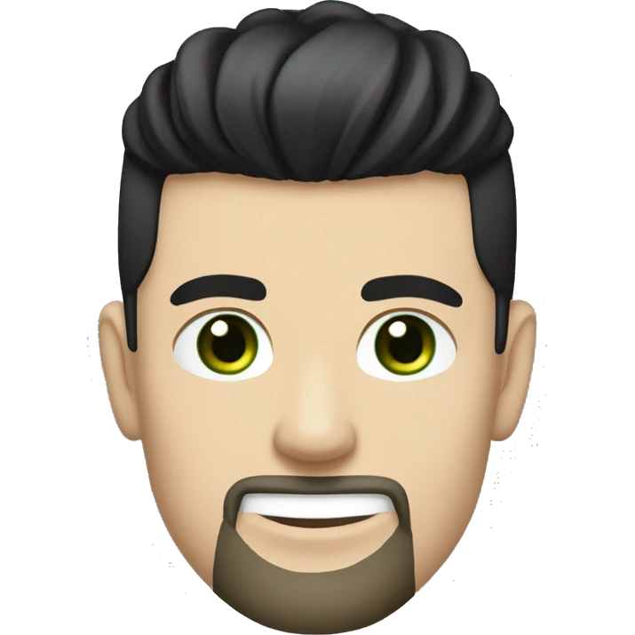 young white man with short beard and a "top knot samurai" black hair. Plain black tshirt. green eyes. neutral yet happy. emoji