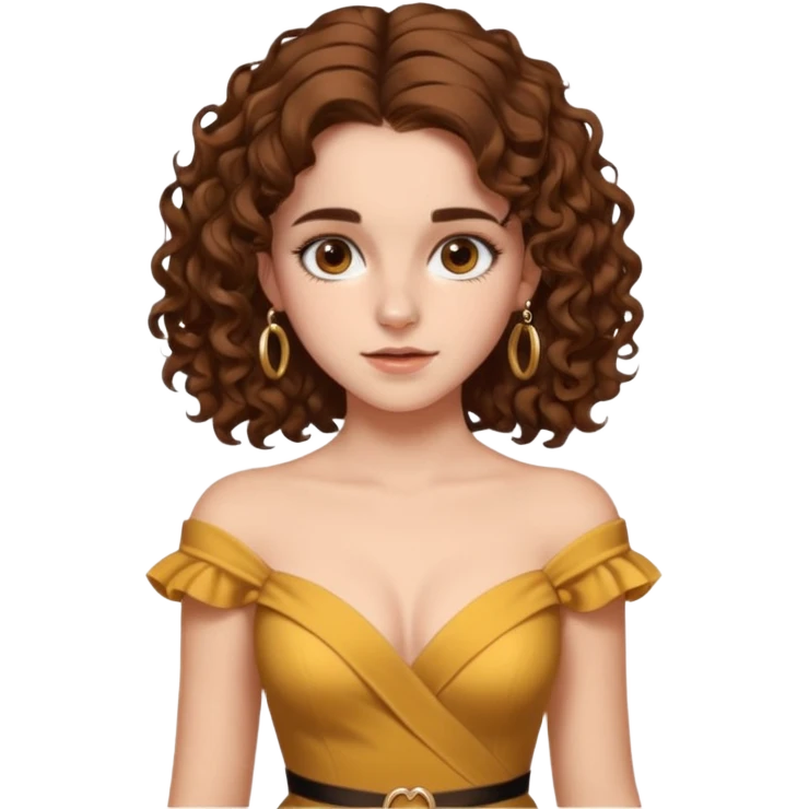 very beautiful italian girl, looking a bit like Emma Watson, with curly and big volume bright brown hair, and a golden piercing rink in nose on left side, dressed in a beautiful sexy dress emoji