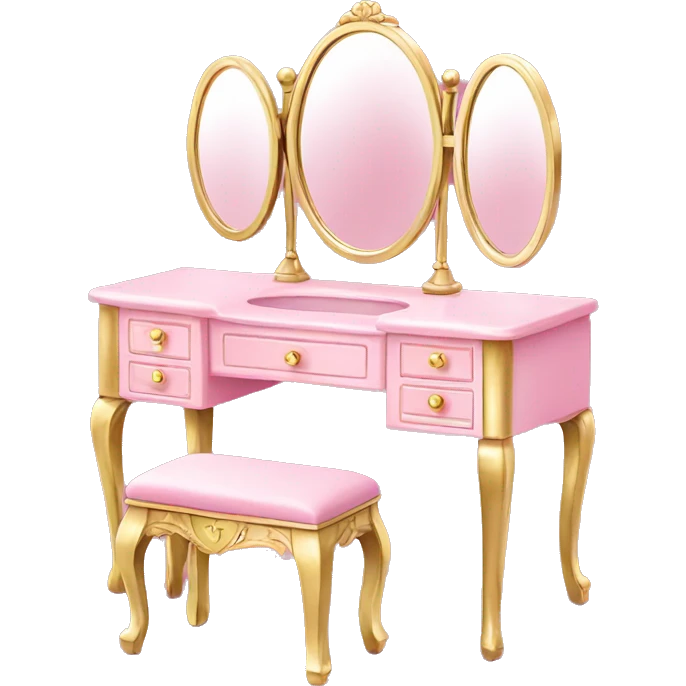 pink vanity, gold trim, heart shaped mirror emoji