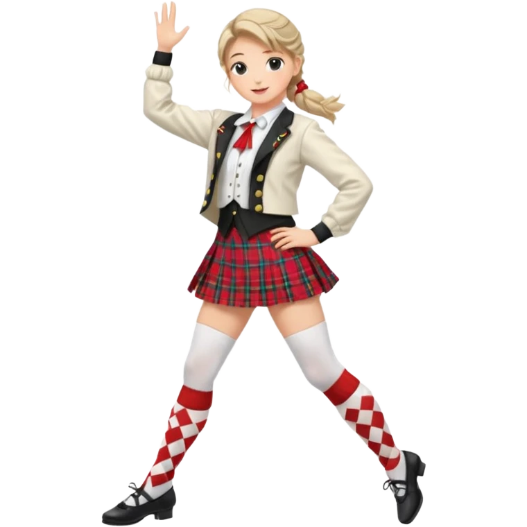 Highland dancing argyle just over the knee socks, blouse, highland dancing jacket, tartan miniskirt and highland dancing shoes emoji
