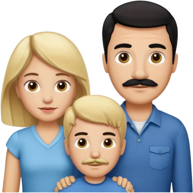 Family of 5. Mom, dad, 2 boys, one girl. Kids have blonde hair. Mom has light brown hair. Dad has black hair with mustache. emoji