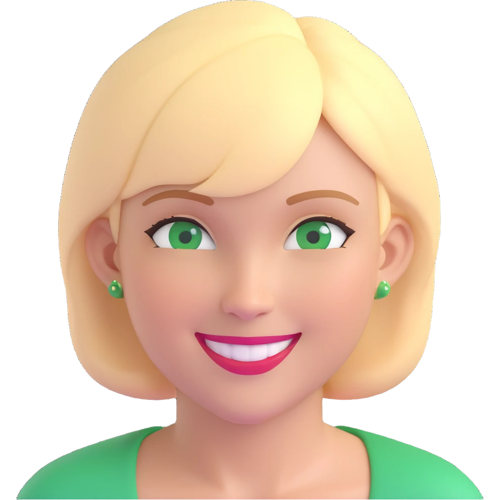 woman with thick blonde short hair and green eyes, smiling, headshot emoji