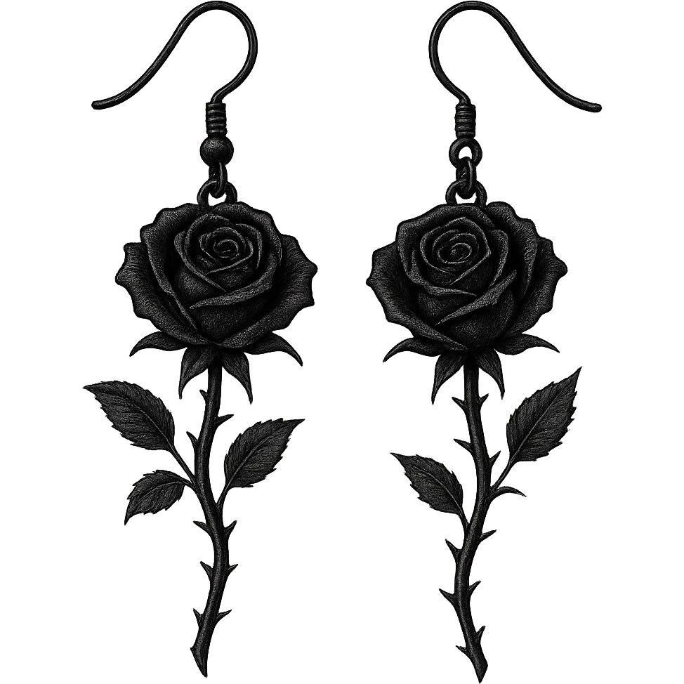 goth earrings, black rose with thorn stem, romantic gothic style, highly detailed emoji