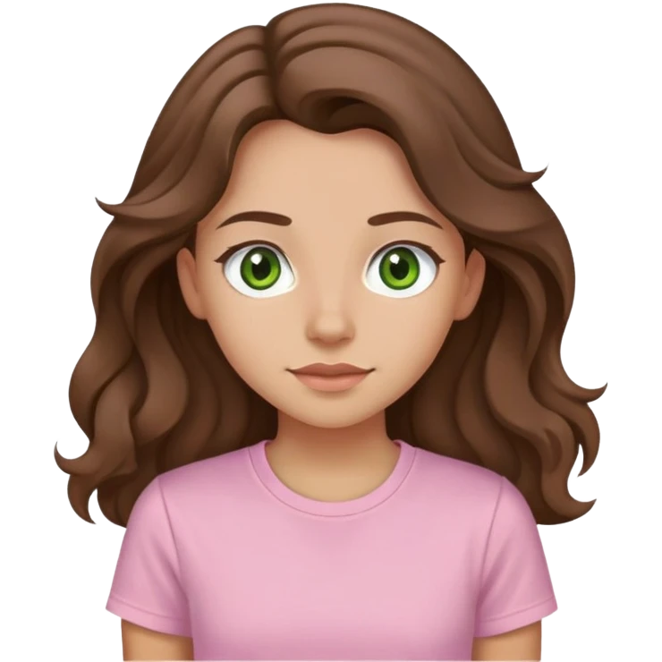 A girl with long and wavy brown hair slightly made up green/brown eyes with a light pink T-shirt emoji