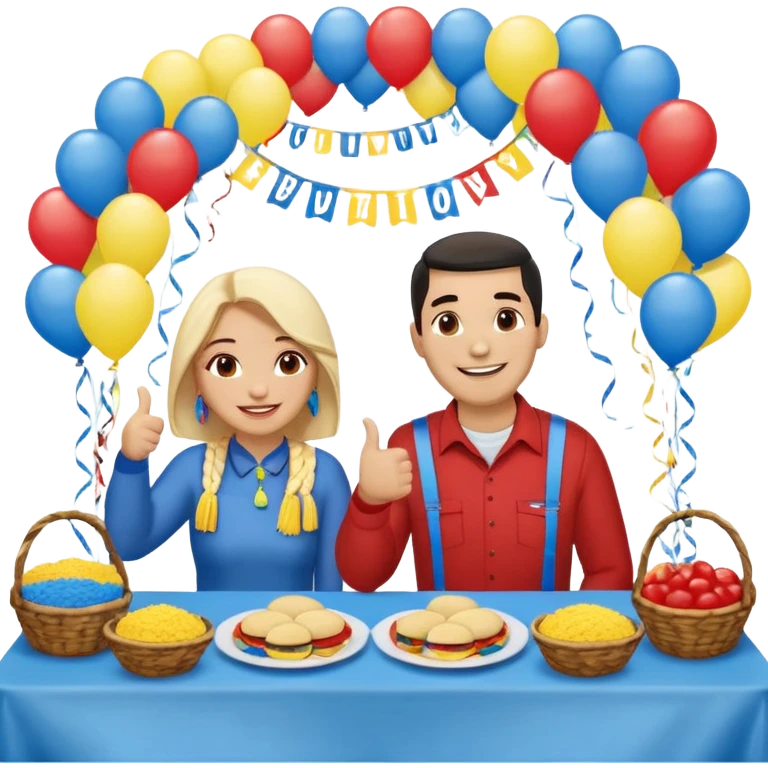 party table decorated with red blue and yellow colors, including a backdrops, balloons arch, streamers and more. On the table are intricate displays of colombian arepas, and baskets of money. In the forefront is a woman and man in simple clothing, big smiles and big thumbs up emoji
