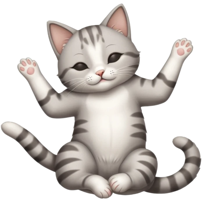 grey and white small cat with eyes closed lying down upside down with paws stretched out straight vertically  emoji