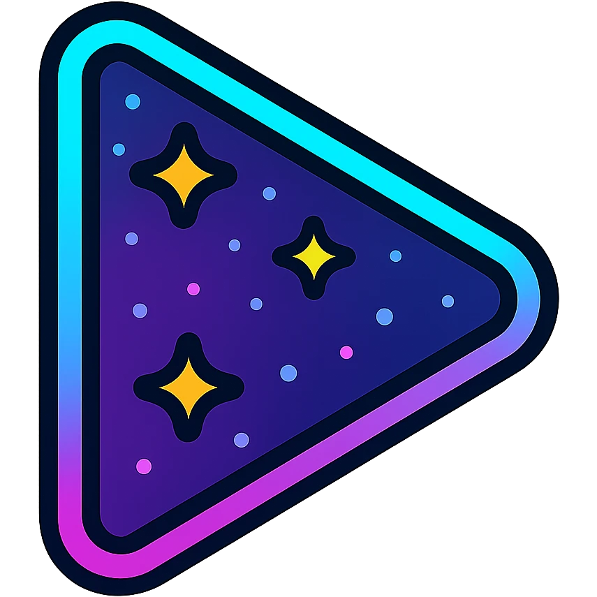right-pointing triangle play symbol filled with purple and dark blue nebula with bright stars, cyan or pink neon glow border emoji