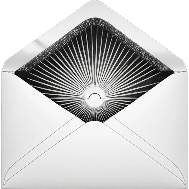 Open envelope + blank card, copperplate etching, microscopic dotwork ONLY, pure black/white, ultra-contrast, rays, tiny #fbcfe8 glow --ar 16:9 --style raw --s 10 --no 3d, gradient, smooth, gray, shadow, text emoji