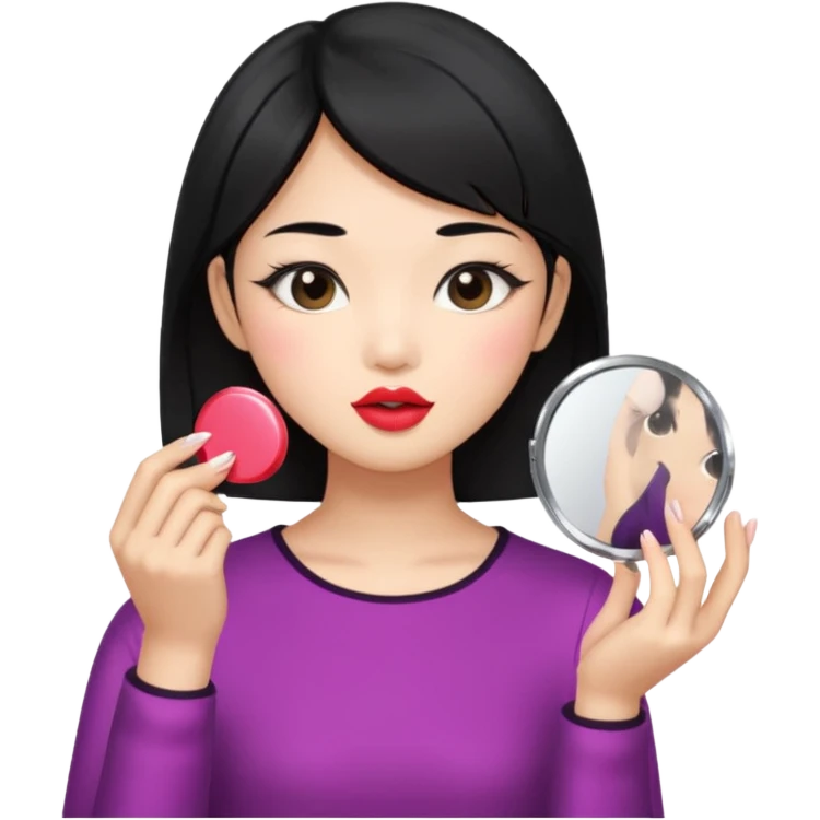 black haired asian girl putting on lipgloss while holding a compact mirror emoji