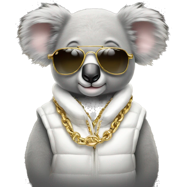 koala wearing a white puffer vest and sun glasses and a gold chain emoji