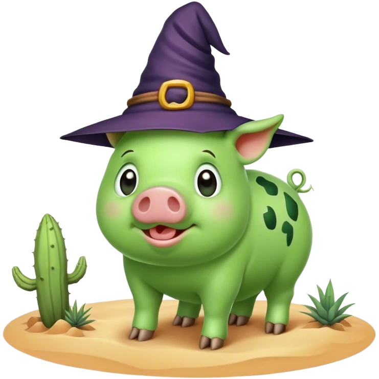 Green pig in the desert wearing a witches hat  emoji