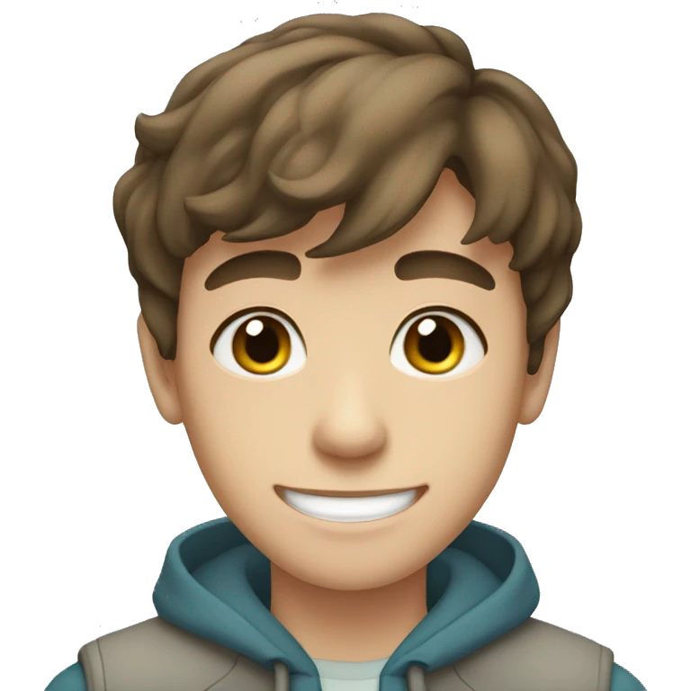 Brown hair teen boy with medium short hair, blue-greenish eyes smiling emoji