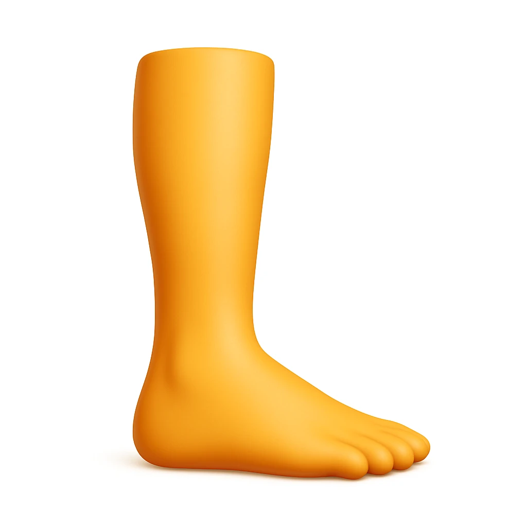 Create a single leg emoji that looks exactly like one of the legs in the reference image, in iOS emoji style. The emoji should have 3D appearance, shiny surface, smooth gradients, soft shadows, and a realistic leg and foot with the classic emoji look. Add a soft shadow under the foot. emoji