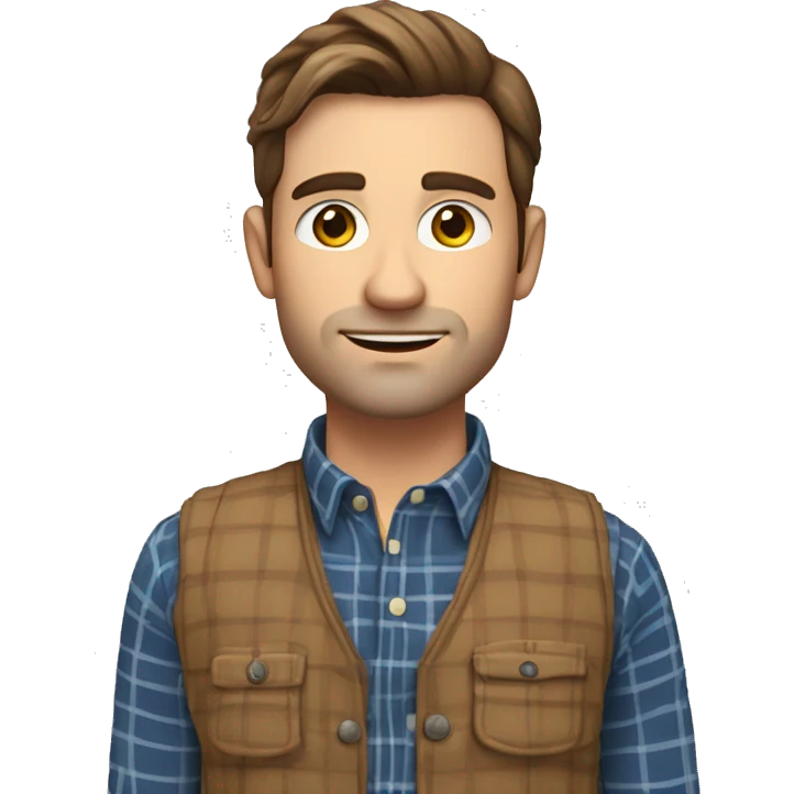 a white 30 year old man with brown hair and stubble in a plaid shirt and gilet  emoji