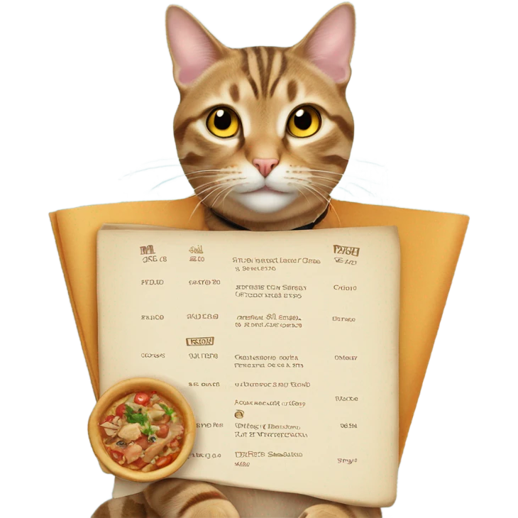 tabby cat with a restaurant menu around neck emoji