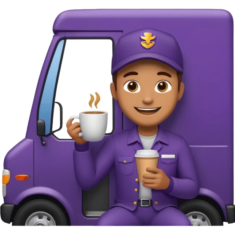 emoji of FedEx delivery man is sipping coffe while sitting in the FedEx truck emoji