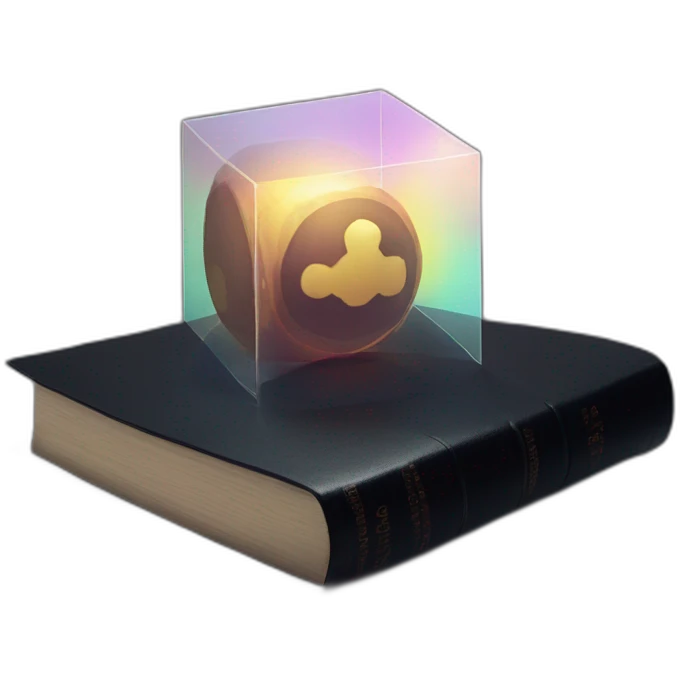 a hexagonal prism lying on a black book, light leak. emoji