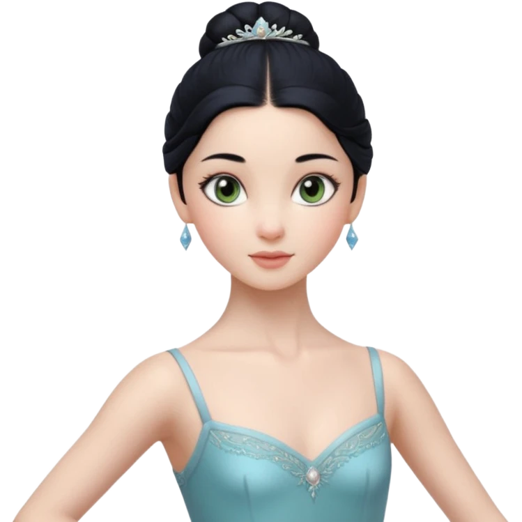 Cinematic Realistic ballerina Medium Blue Portrait, depicted with lifelike skin texture, subtle rosy undertones, and soft natural lighting that enhances the gentle contours of her face. Her intricately detailed sweet black hair is elegantly styled, green eyes emoji