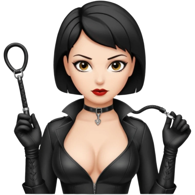 Woman in black leather very short hair cleavage dominatrix emoji
