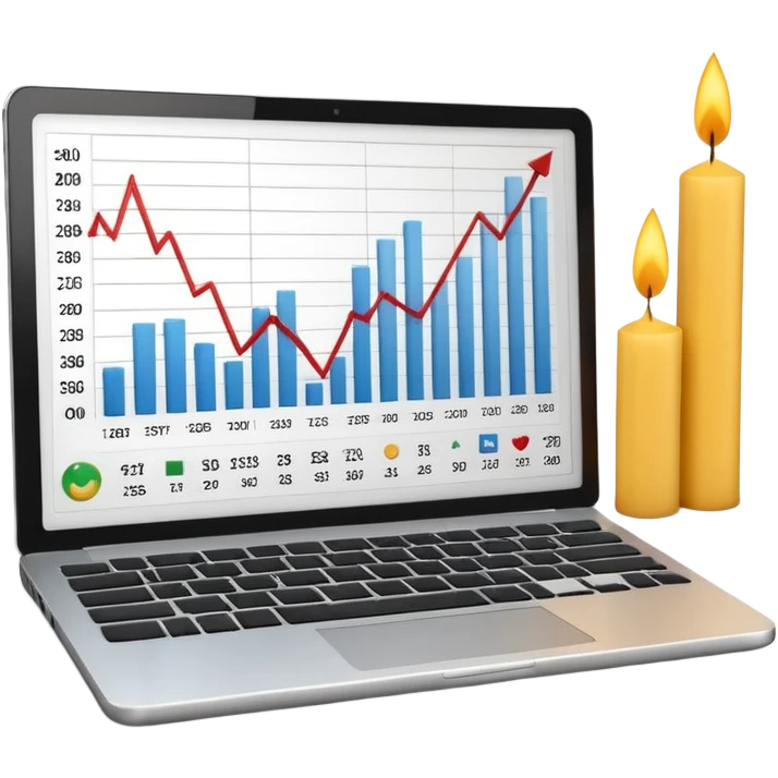 Minimal 3D emoji style laptop with stock market chart on screen, candlestick chart and small line graph, financial trading interface, neutral colors, professional look, clean shading, no bright colors, no brand logos, isolated on transparent background, modern emoji design emoji