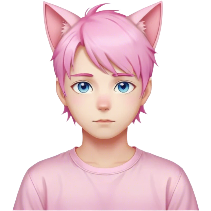 Pastel effeminate young femboy man with pastel pink shiny hair, pink cat ears, pastel yellow blouse, blue eyes, cute, gorgeous, anime, catboy emoji