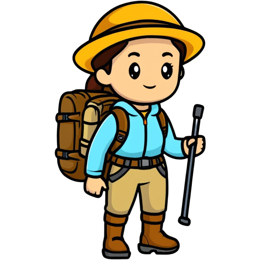 Woman explorer in backwoods with hiking gear emoji