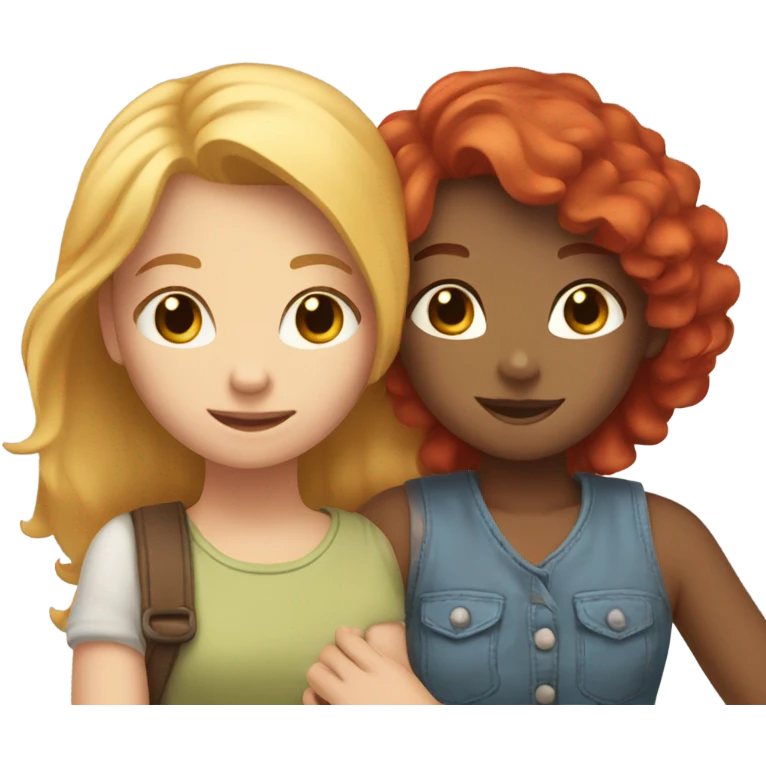 Girl with red hair cuddled next to blonde haired girl and they’re holding hands emoji