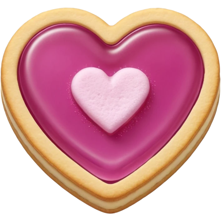 Realistic shortbread cookie in the shape of a heart with light margenta jelly middle filling and sprinkled powder sugar on top. emoji