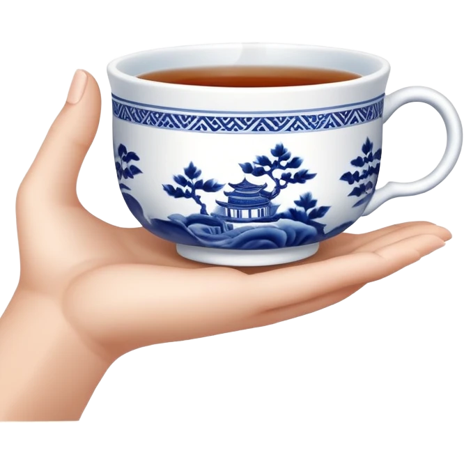 hand holding a traditional Chinese blue and white porcelain tea cup without handle emoji