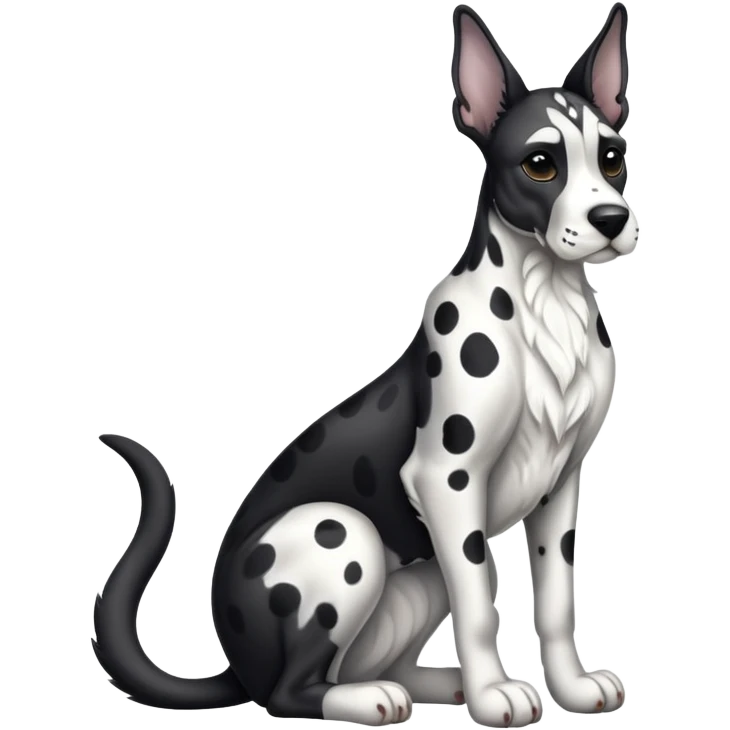cinematic-[spotted dane]-realistic-full-body-sitting-emoji,-tail-resting-loosely-beside-its-paws,-head-tilted-dramatically, ears drooped, -sleek-[black and white]-fur,-simplified-yet-realistic-focused-features,-highly-detailed,-glowing-with-an-almost-sarcastic-glow emoji