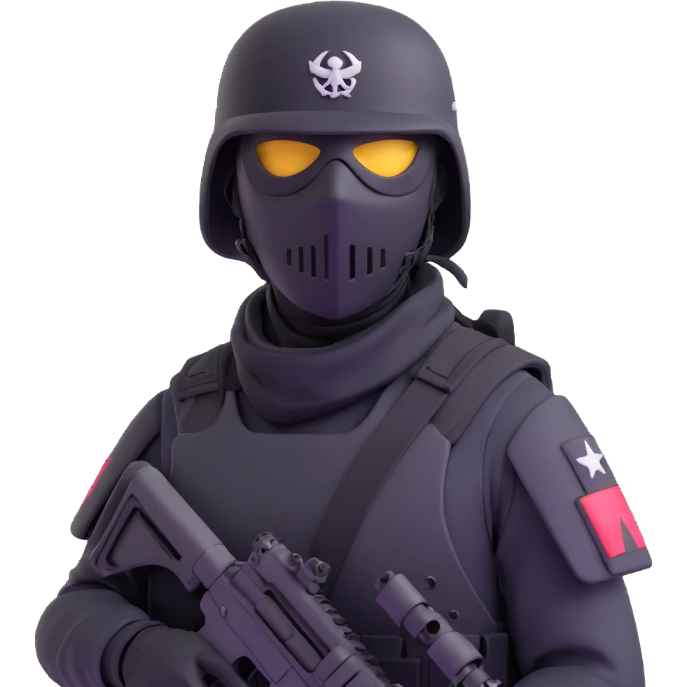armed figure in all-black military clothing, shiesty mask, helmet, dramatic lighting emoji