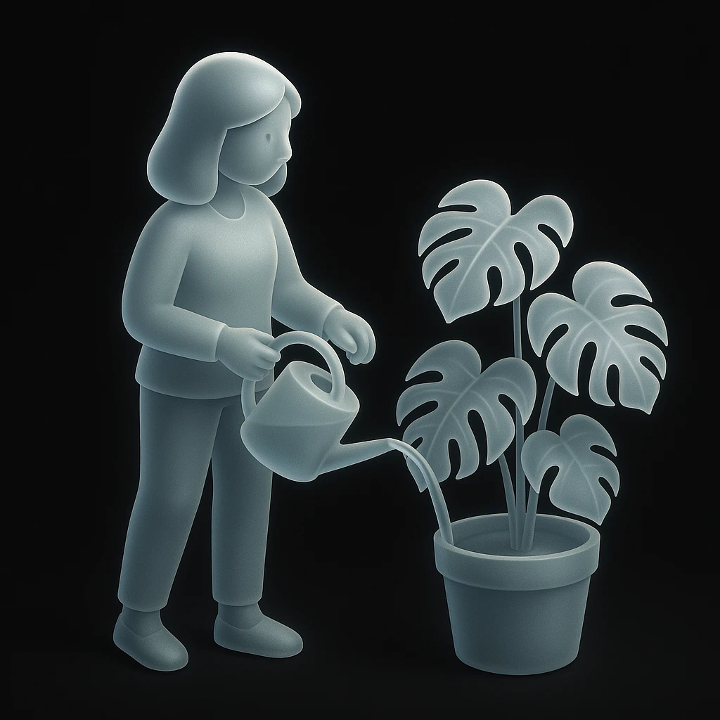 woman watering her monstera plant emoji