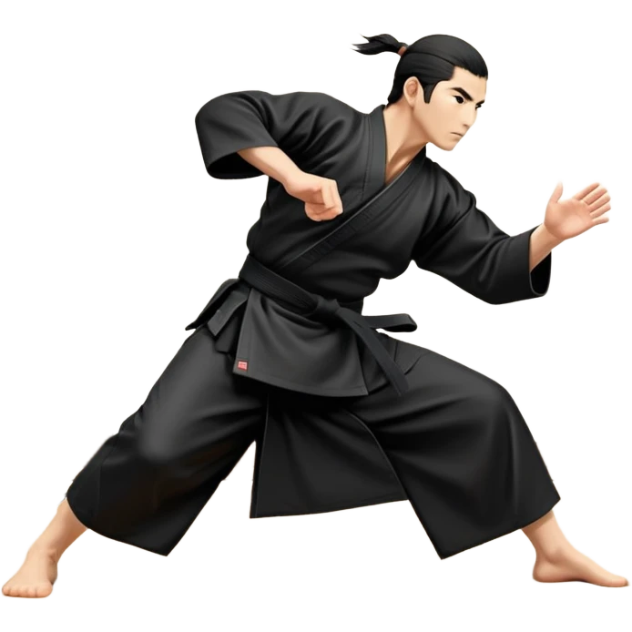 An icon depicting an aikido fighter in a black gi, executing a graceful throw in a martial arts dojo. The background features traditional wooden floors, tatami mats, and a serene atmosphere with soft lighting. The focus is on the fighter's precise technique and fluid movement. Transparent background emoji