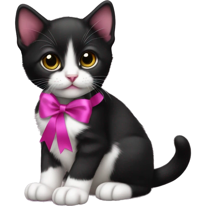 Baby Tuxedo kitten with a magenta ribbon  emoji