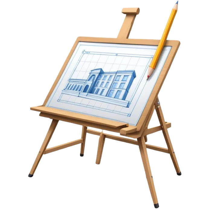 Sleek icon for Architecture: engineer's drawing board with blueprints 3D model of the building,  pencil, architect's easel, rulers and protractor. Transparent background. emoji
