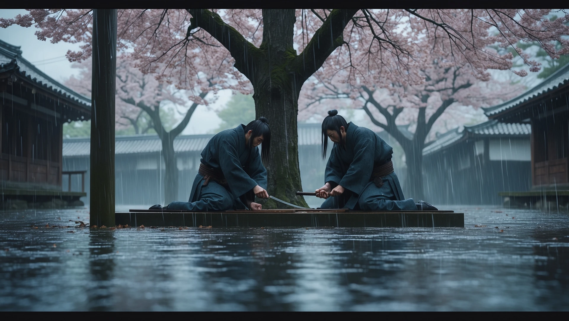 A cinematic scene from 1185, motion blur, wide shot of Kenji sharpening his blade under a cherry tree, rain falls, symmetrical, gray-blue palette, tense, Arri Alexa, Wes Anderson. emoji