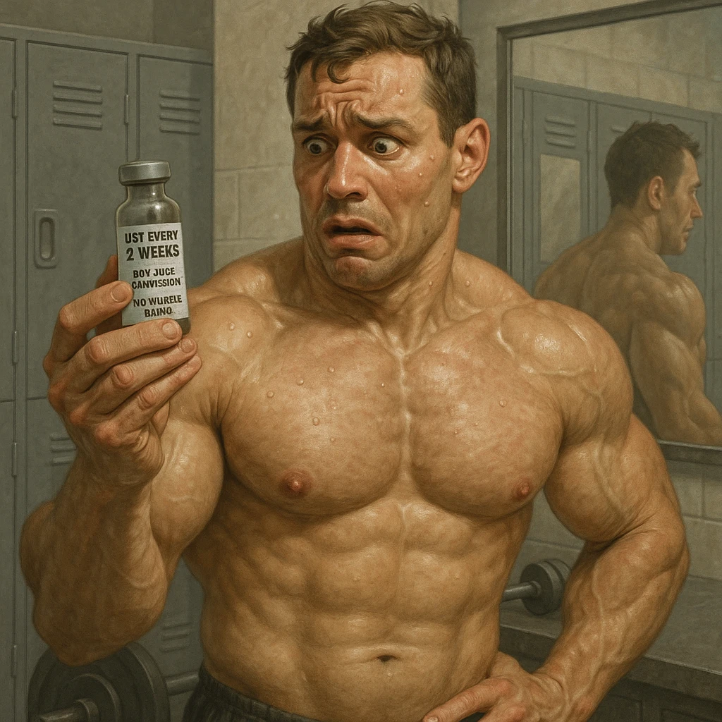  bodybuilder che si fa prendere dalla paura e fa cavolate, come una fiala ogni 2 settimane finisce che sopprimi comunque l'HPT ma senza alcun risultato visibile, iperealistica  emoji