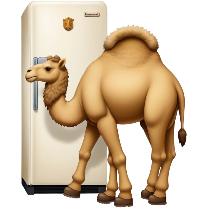 A white kitchen refrigerator with camel head poking out from an open door and furry camel legs wearing classic wheat-colored Timberland boots emoji