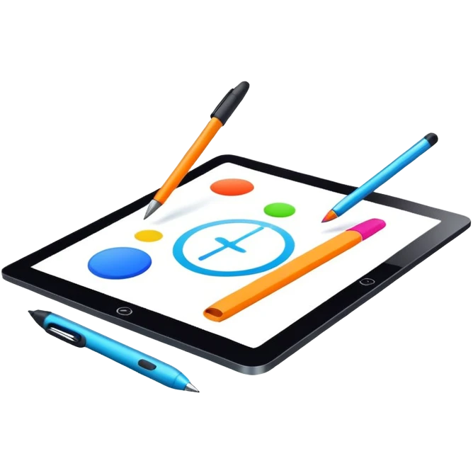 Computer graphics, digital art tools, graphic tablet, stylus, vibrant colors, smooth lines, modern design elements, minimalistic, on a white background, no extra details. emoji