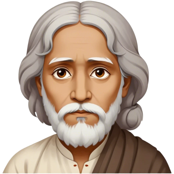 Rabindranath Tagore – Cinematic Realistic Portrait of Rabindranath Tagore, depicted with thoughtful, soulful eyes and gentle features, dressed in traditional Bengali attire with subtle artistic motifs, bathed in warm, soft lighting that evokes his poetic genius and timeless wisdom. emoji