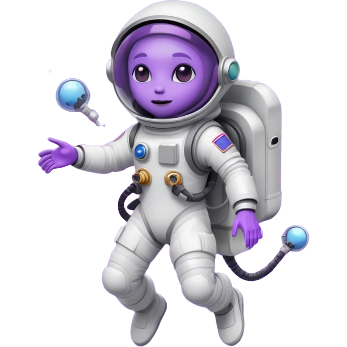 Purple alien floating with jetpack, white Astronaut emoji