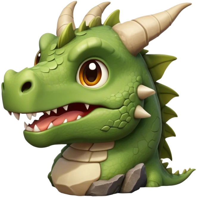 Cinematic Cute Giant Rock Dragon Portrait Emoji, Head tilted playfully and inquisitively, showcasing a robust, stone-carved body with intricately detailed, craggy textures in natural earthen tones accented by soft hints of moss, and a surprisingly gentle, endearing expression; rendered with lifelike clarity and warm, natural light, high shine, mighty yet endearing, styled with a touch of ancient, stony whimsy, soft glowing outline, capturing the essence of a mischievous stone guardian poised to rumble playfully into your embrace! emoji