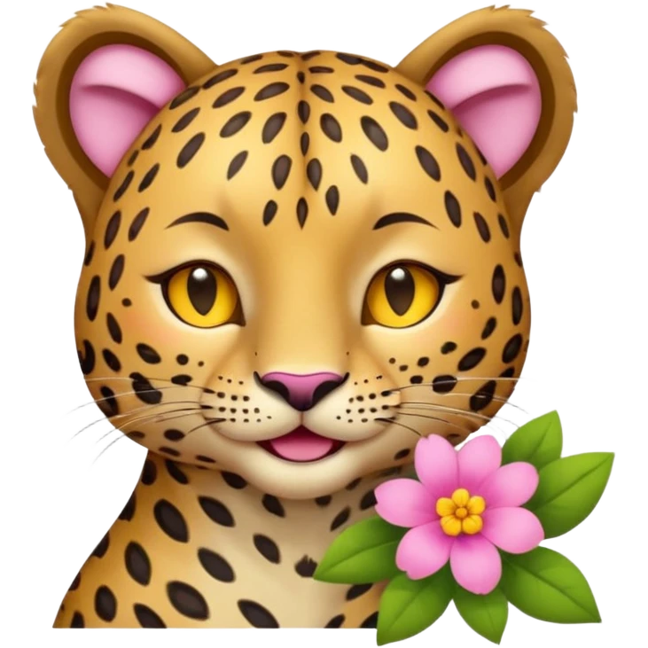 eyes closed, A leopard with peaceful smile, A pink flower with a yellow center is tucked behind its right ear
 emoji