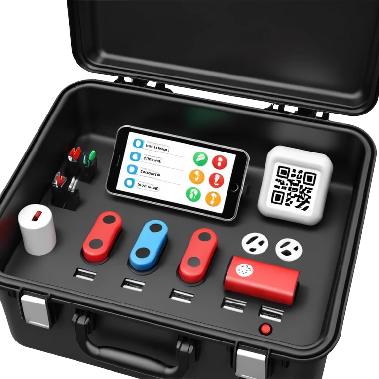 An open, black outdoor test case.Interior: control panel with colored test jacks, USB ports, and a power outlet. A red test probe is located next to it. On the left side of the case is a large roll of white, round test labels displaying QR codes.  emoji