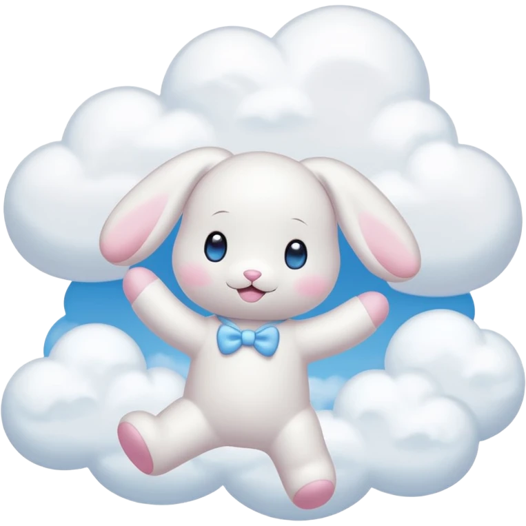 Cinnamon roll from sanrio dancing in the clouds that looks just like him from the cartoon blue eyes pink cheeks white body and filled with cuteness emoji