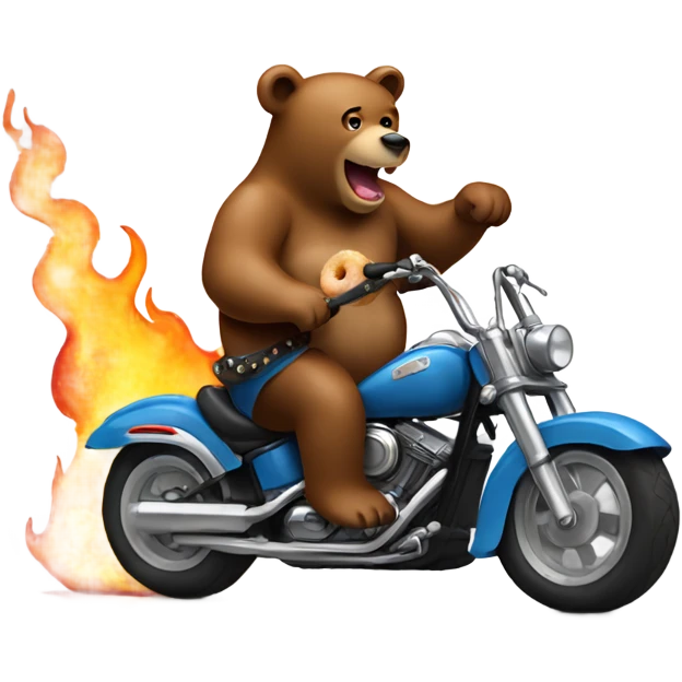 Bear eating a donut while riding on a flaming motorcycle and playing guitar emoji