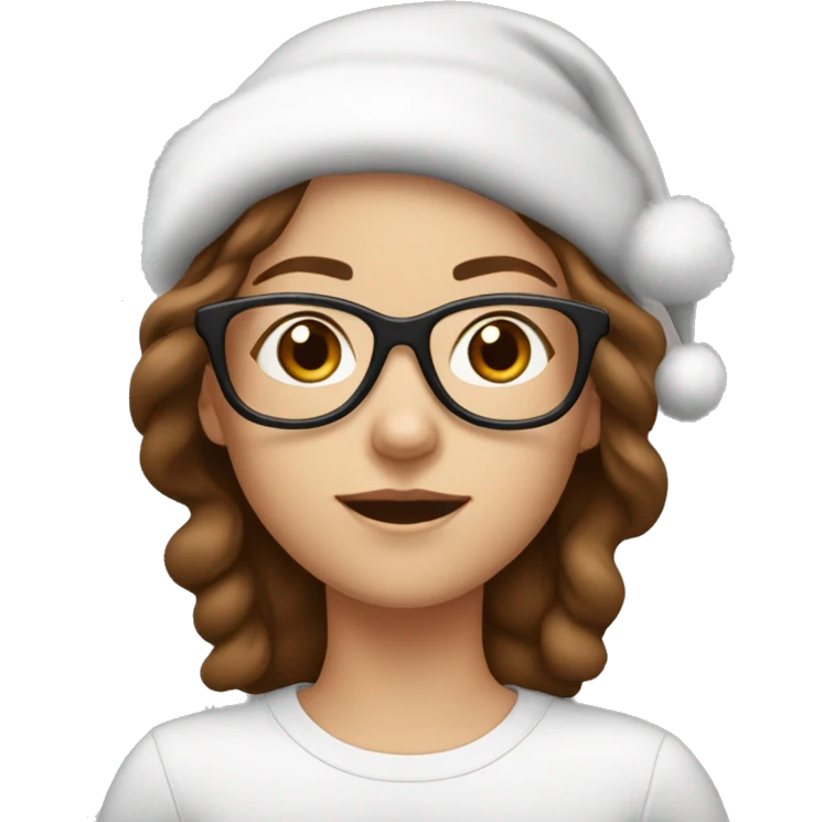white girl with brown hair wearing clear glasses and a santa hat emoji