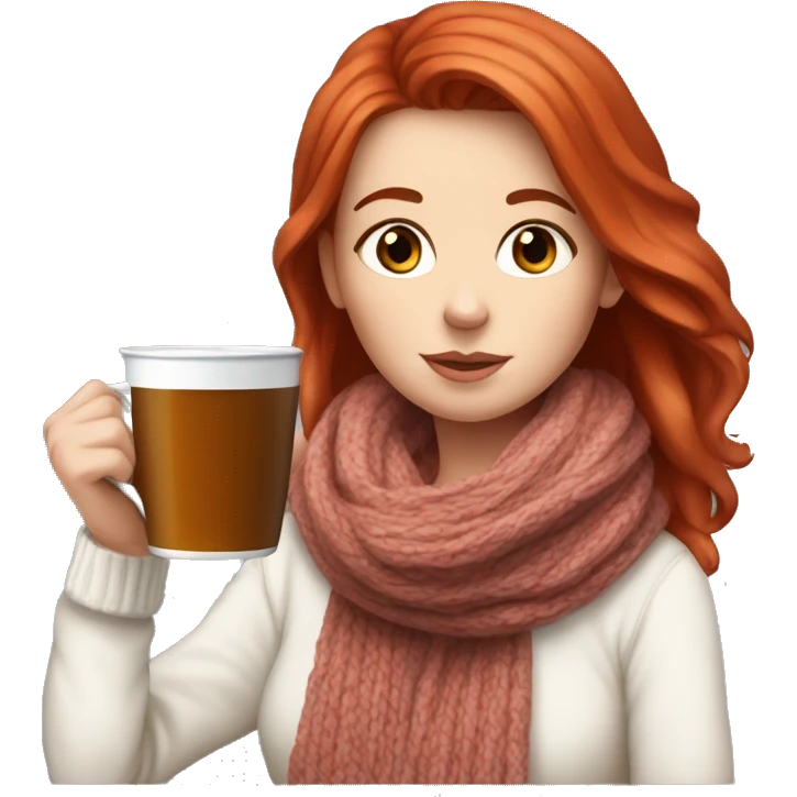 White girl red hair in a white sweater and scarf sipping tea  emoji